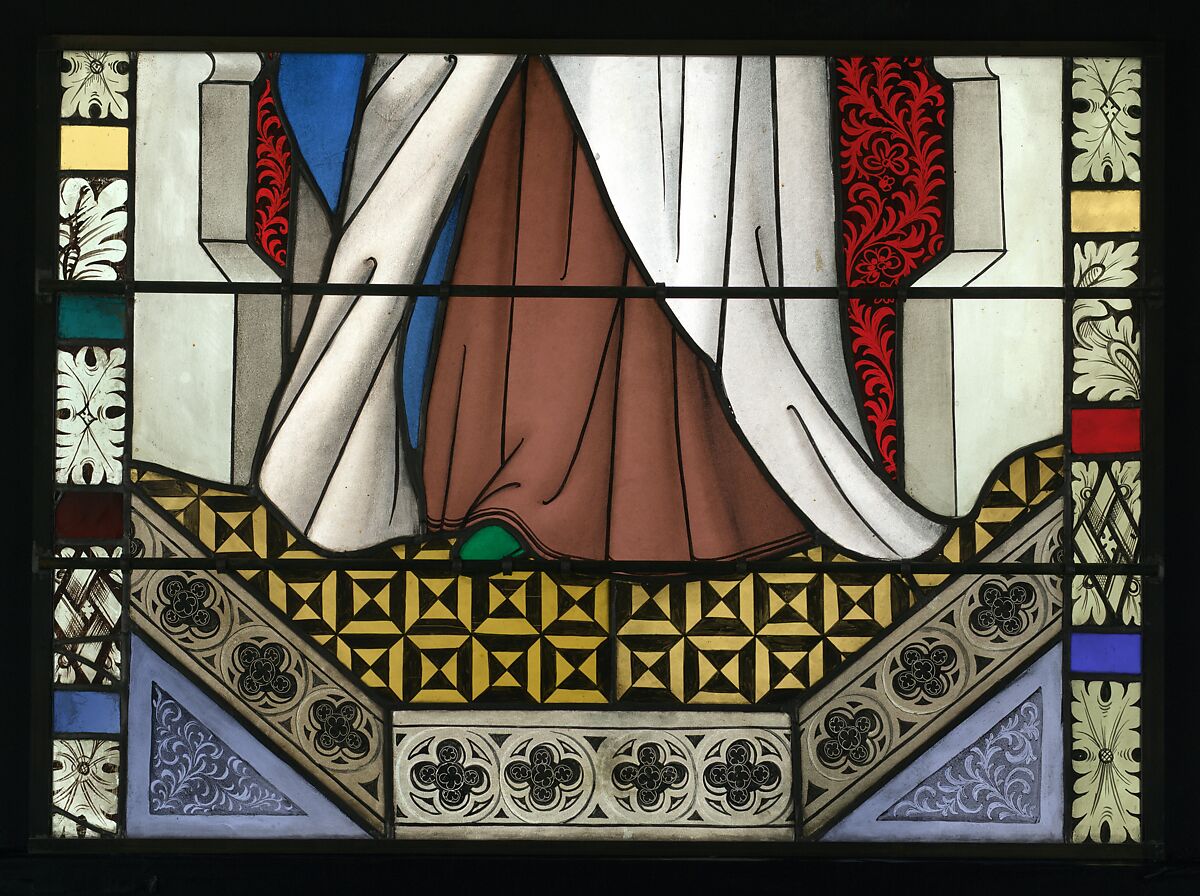 Saint Barbara Holding a Tower, with the Arms of the City of Maastrict below (from a series with The Virgin Mary and Five Standing Saints), Pot-metal glass, white glass, vitreous paint, silver stain, German