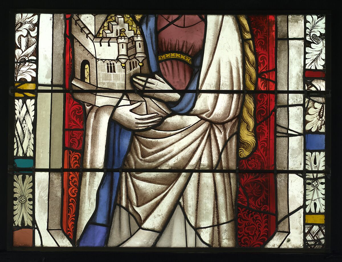 Saint Barbara Holding a Tower, with the Arms of the City of Maastrict below (from a series with The Virgin Mary and Five Standing Saints), Pot-metal glass, white glass, vitreous paint, silver stain, German