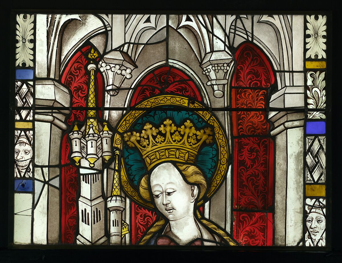 Saint Barbara Holding a Tower, with the Arms of the City of Maastrict below (from a series with The Virgin Mary and Five Standing Saints), Pot-metal glass, white glass, vitreous paint, silver stain, German