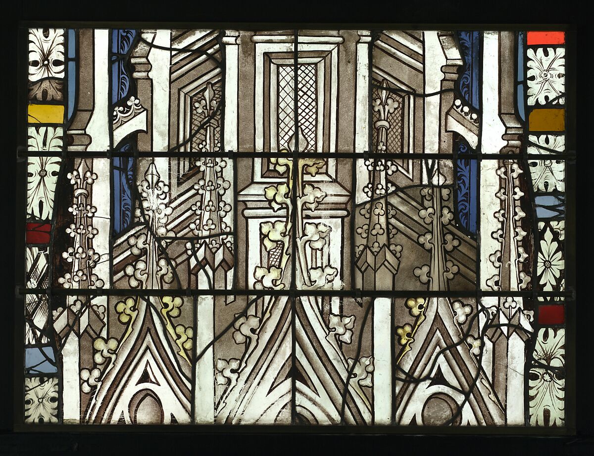 Saint Barbara Holding a Tower, with the Arms of the City of Maastrict below (from a series with The Virgin Mary and Five Standing Saints), Pot-metal glass, white glass, vitreous paint, silver stain, German
