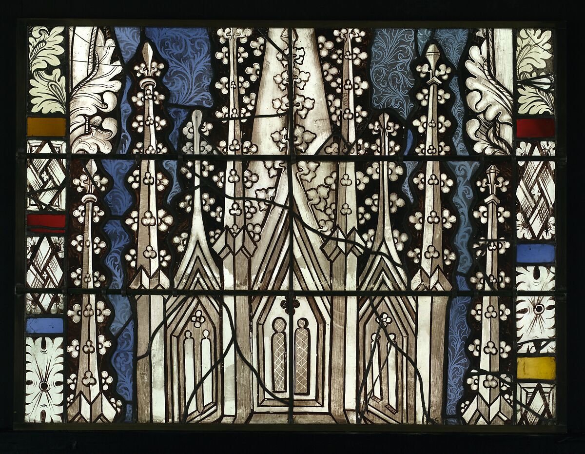 Saint Barbara Holding a Tower, with the Arms of the City of Maastrict below (from a series with The Virgin Mary and Five Standing Saints), Pot-metal glass, white glass, vitreous paint, silver stain, German