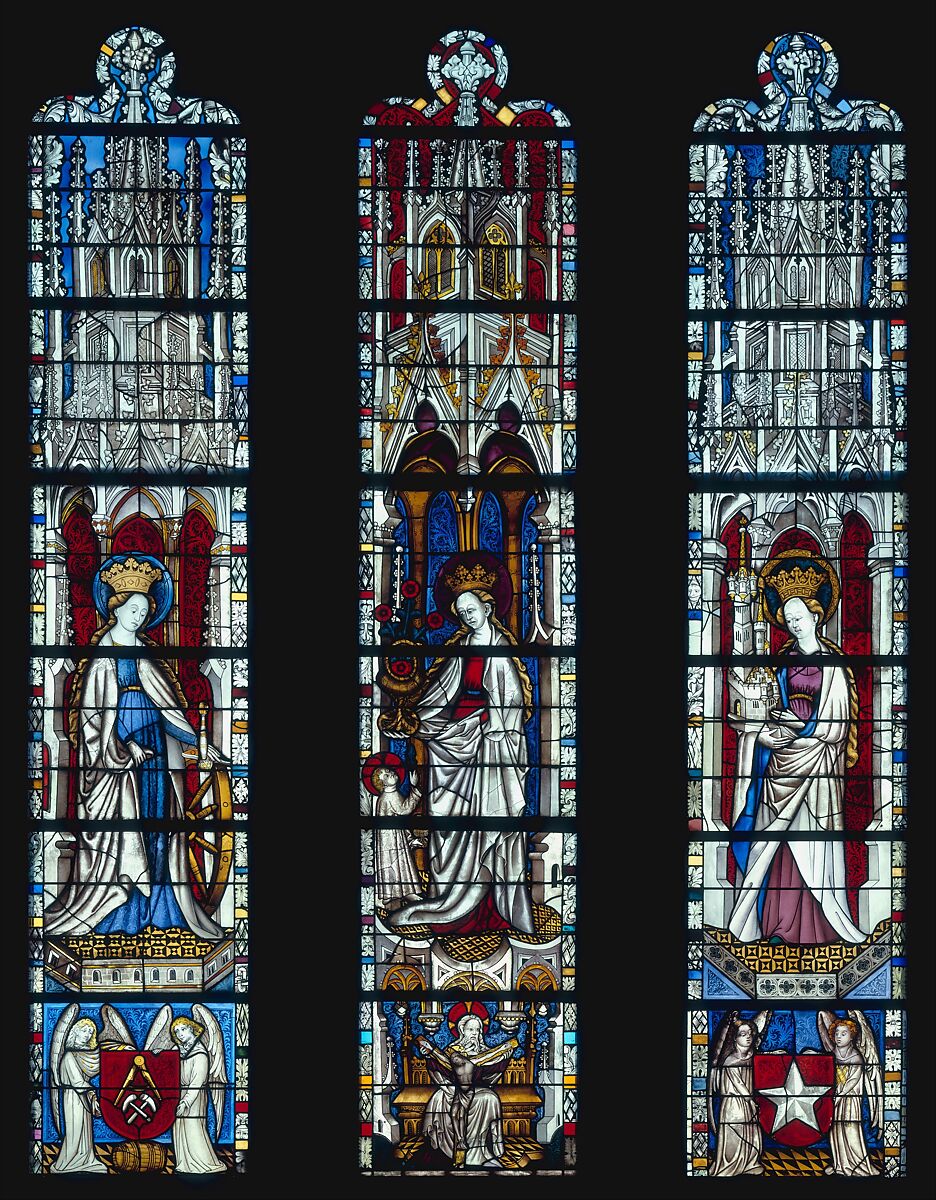 Saint Barbara Holding a Tower, with the Arms of the City of Maastrict below (from a series with The Virgin Mary and Five Standing Saints), Pot-metal glass, white glass, vitreous paint, silver stain, German
