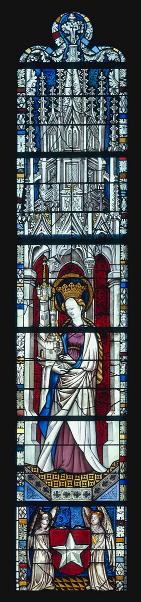 Saint Barbara Holding a Tower, with the Arms of the City of Maastrict below (from a series with The Virgin Mary and Five Standing Saints), Pot-metal glass, white glass, vitreous paint, silver stain, German 