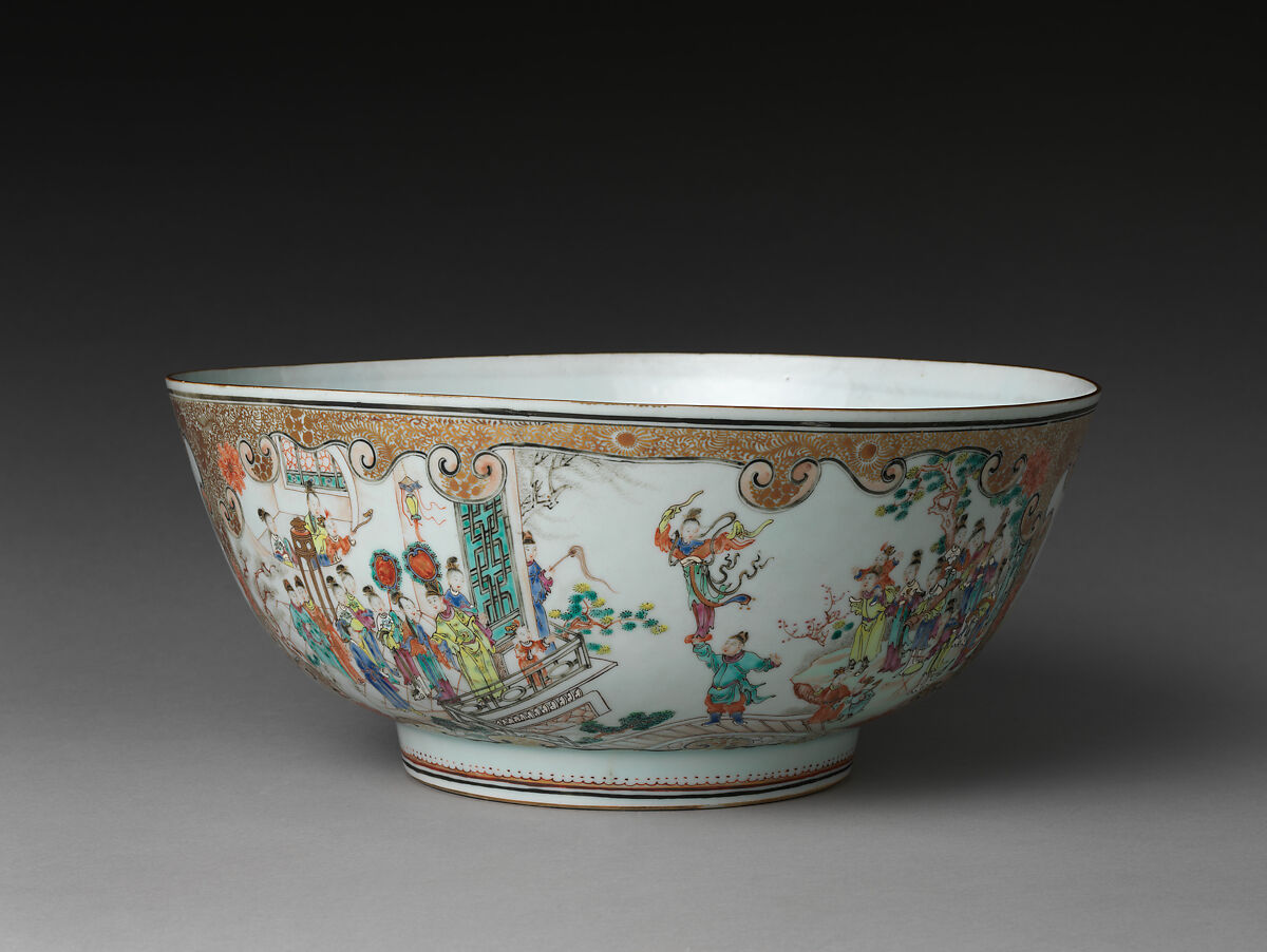 Bowl with acrobatic performance, Porcelain painted with overglaze polychrome enamels (Jingdezhen ware), China