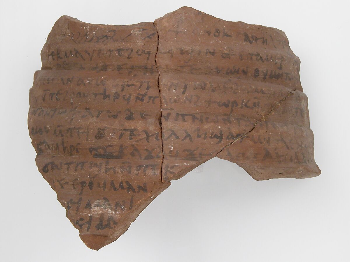 Ostrakon, Pottery fragment with ink inscription, Coptic 