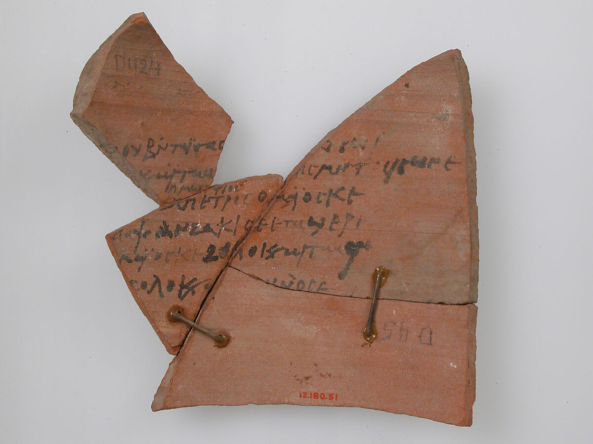 Ostrakon, Pottery fragment with ink inscription, Coptic