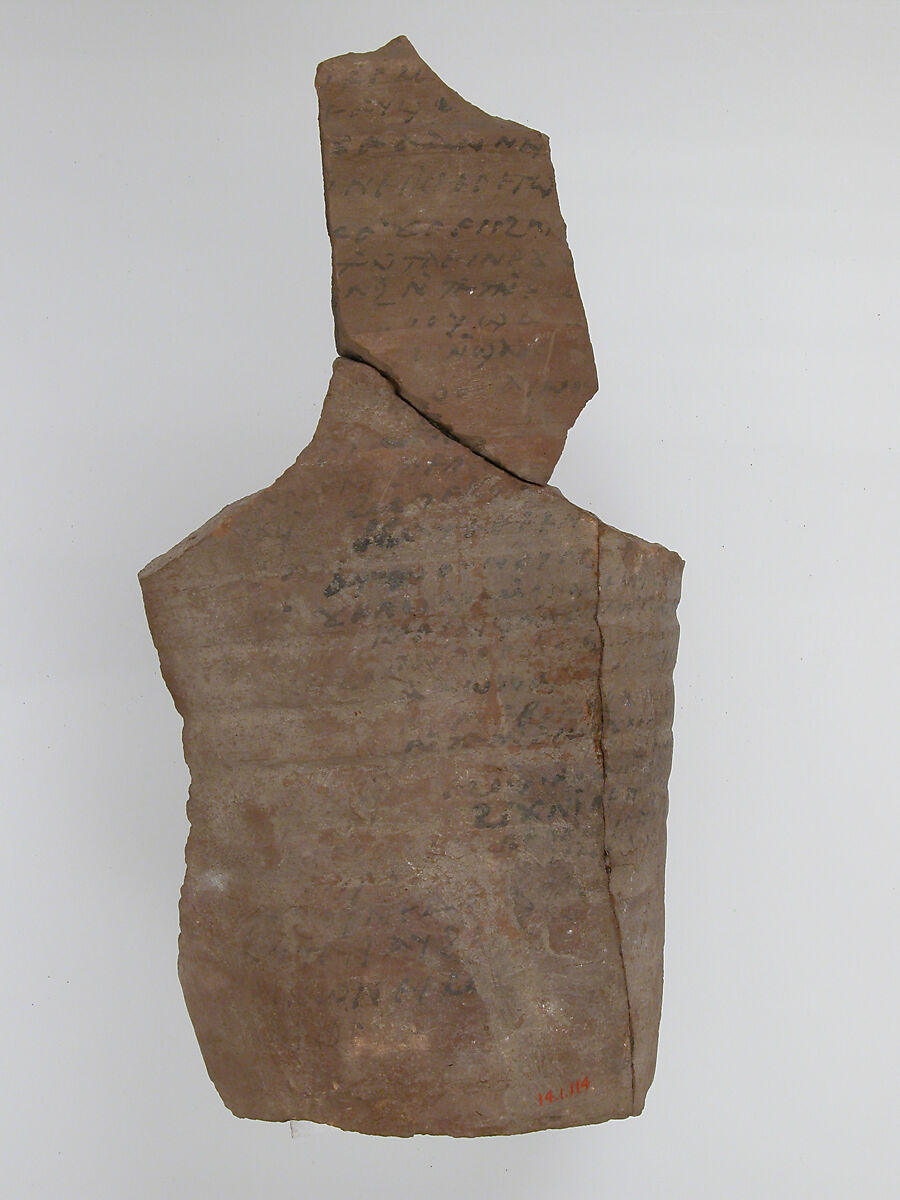 Ostrakon, Pottery fragment with ink inscription, Coptic