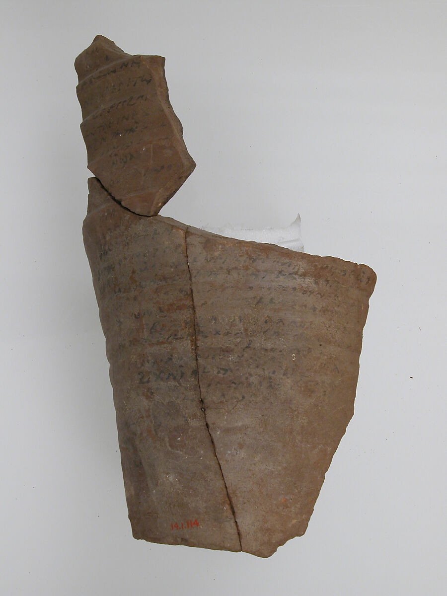 Ostrakon, Pottery fragment with ink inscription, Coptic