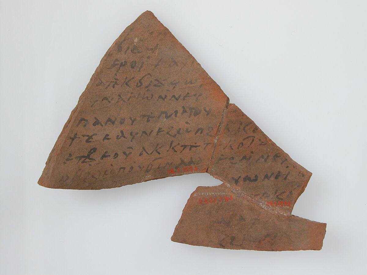 Ostrakon with Biblical Text Concordance, Pottery fragments with ink inscription, Coptic