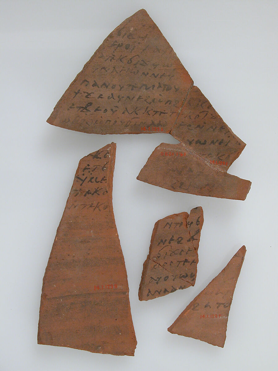 Ostrakon with Biblical Text Concordance, Pottery fragments with ink inscription, Coptic 