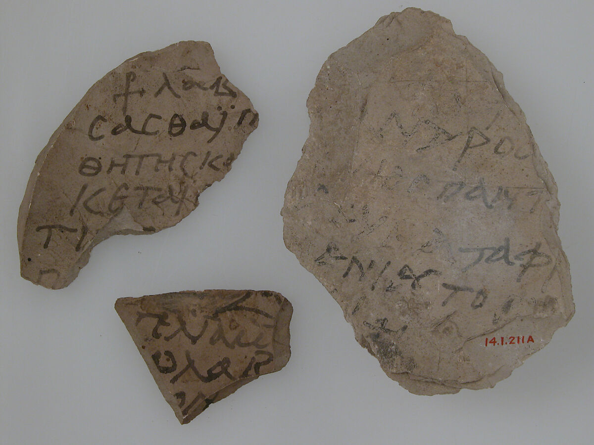 Ostrakon, Limestone fragments with ink inscription, Coptic 