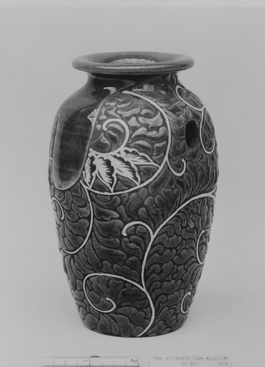 Vase for a Pillar, Rakutozan (Japanese,), Faience with enamel decoration in low relief on unglazed surface, craquelé (Kyoto ware, Hozan style), Japan 