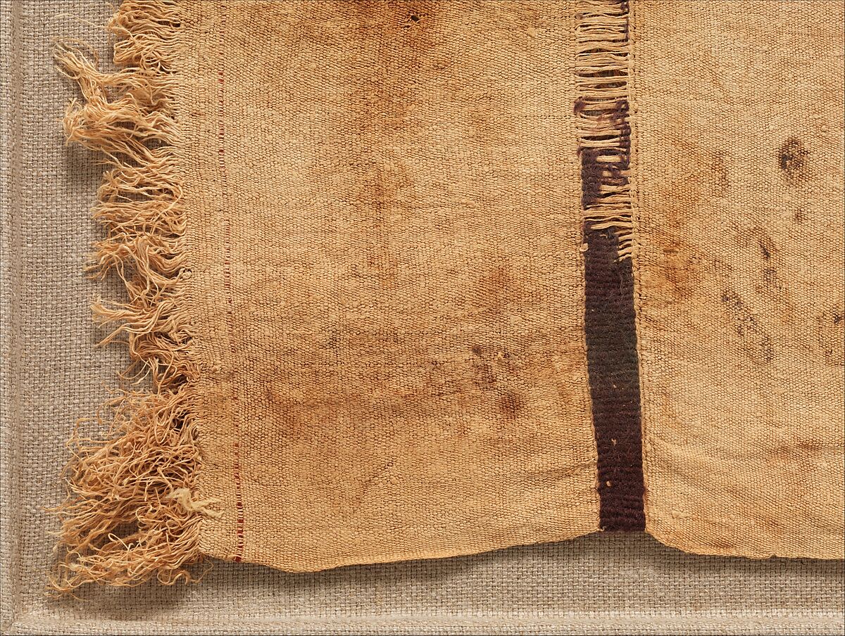Child's Tunic, Linen, wool: Tapestry weave in purple-colored wool on plain-weave ground in undyed linen; single weft entry in red wool along right edge, and single weft entries along inside of clavi and left edge in purple-colored wool, Coptic