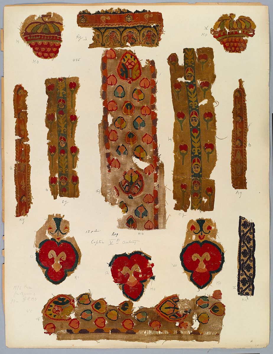 Band Fragment with Masks, Lotus Flowers, and Birds, Tapestry weave in polychrome wool and undyed linen, Coptic