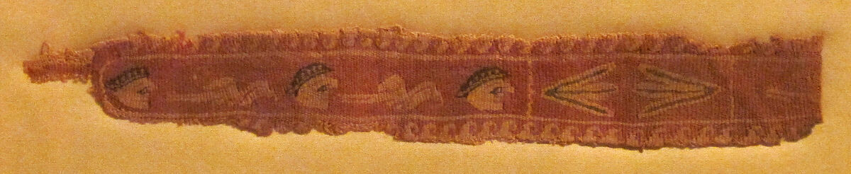 Band Fragment with Masks, Lotus Flowers, and Birds, Tapestry weave in polychrome wool and undyed linen, Coptic 