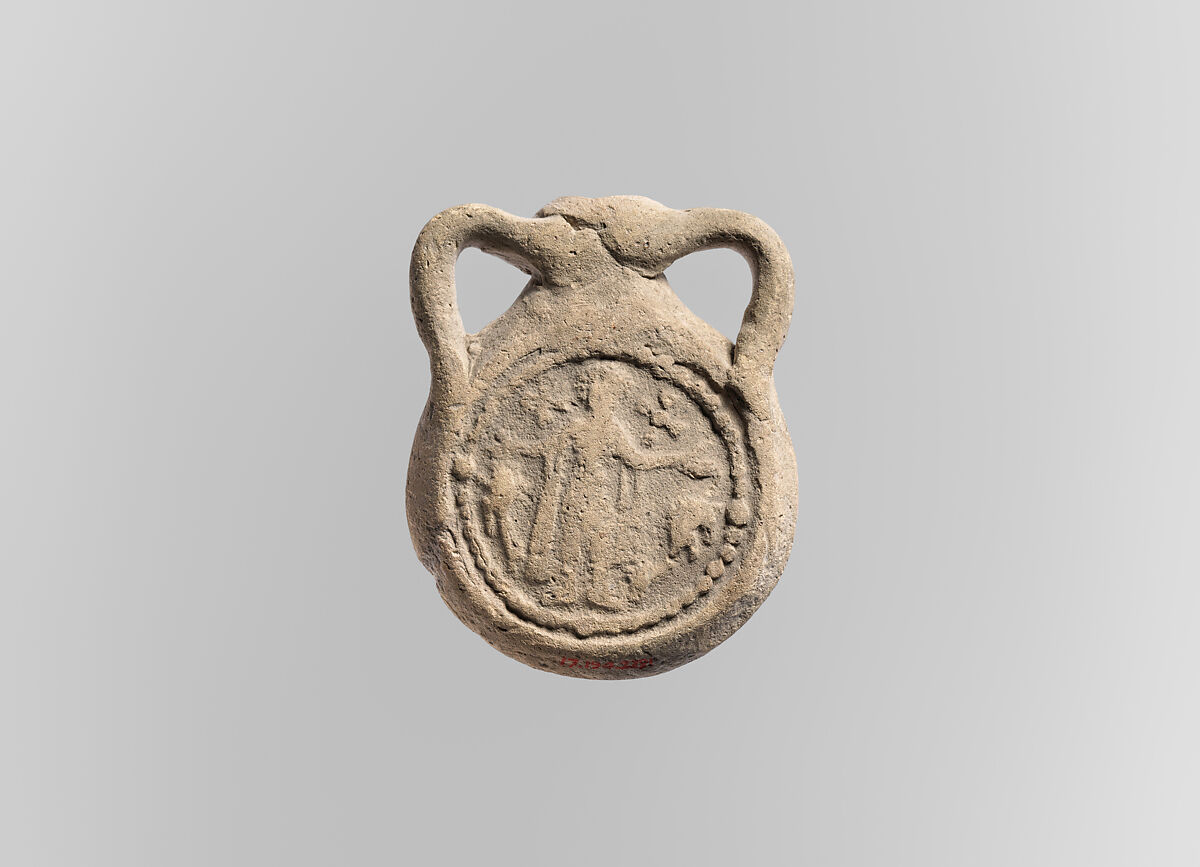 Ampulla (Flask) of Saint Menas, Earthenware, molded, Byzantine (Egypt) 
