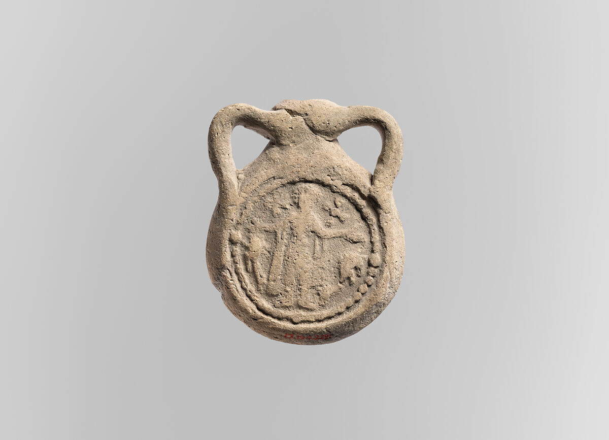 Ampulla (Flask) of Saint Menas, Earthenware, molded, Byzantine (Egypt)