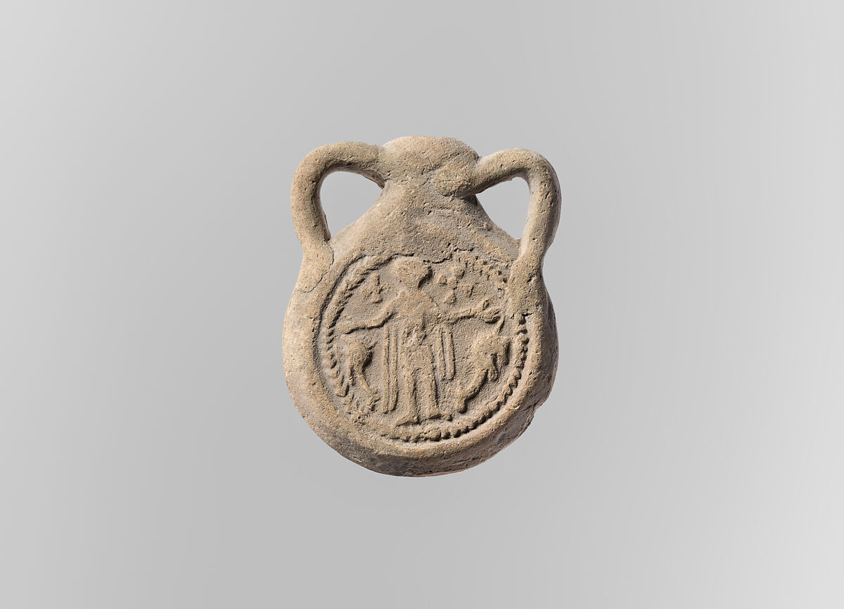 Ampulla (Flask) of Saint Menas, Earthenware, molded, Byzantine (Egypt)