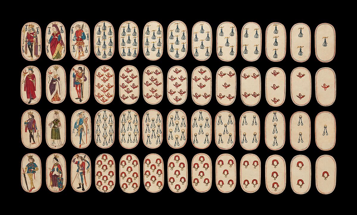 The Cloisters Playing Cards, Paper (four layers of pasteboard) with pen and ink, opaque paint, glazes, and applied silver and gold, South Netherlandish 