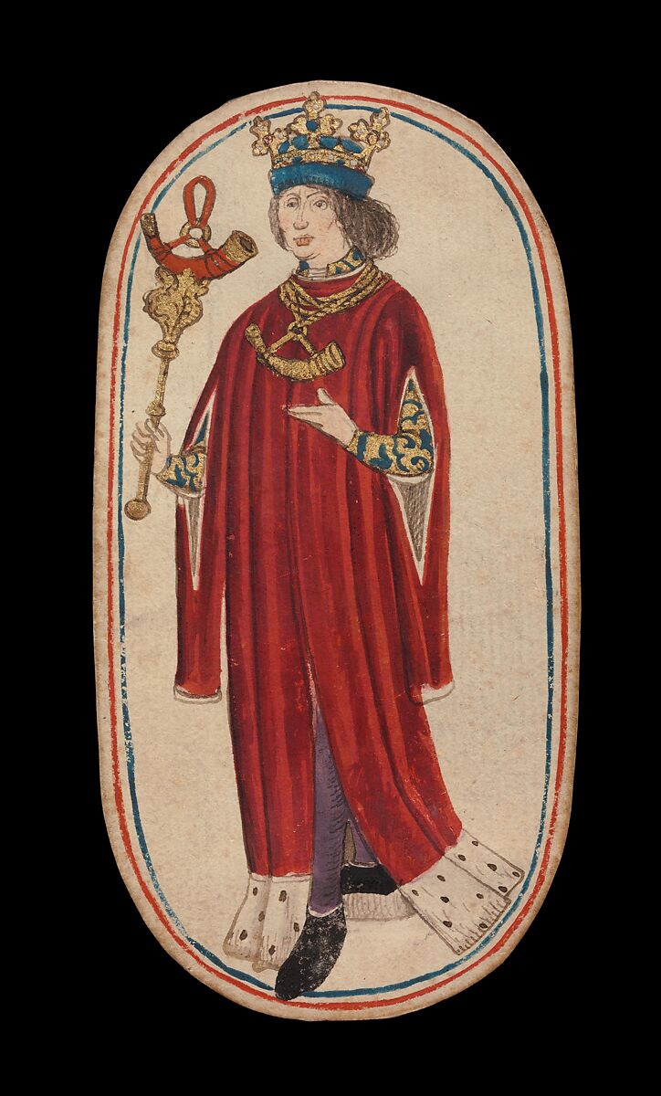 King of Horns, from The Cloisters Playing Cards, Paper (four layers of pasteboard) with pen and ink, opaque paint, glazes, and applied silver and gold, South Netherlandish 