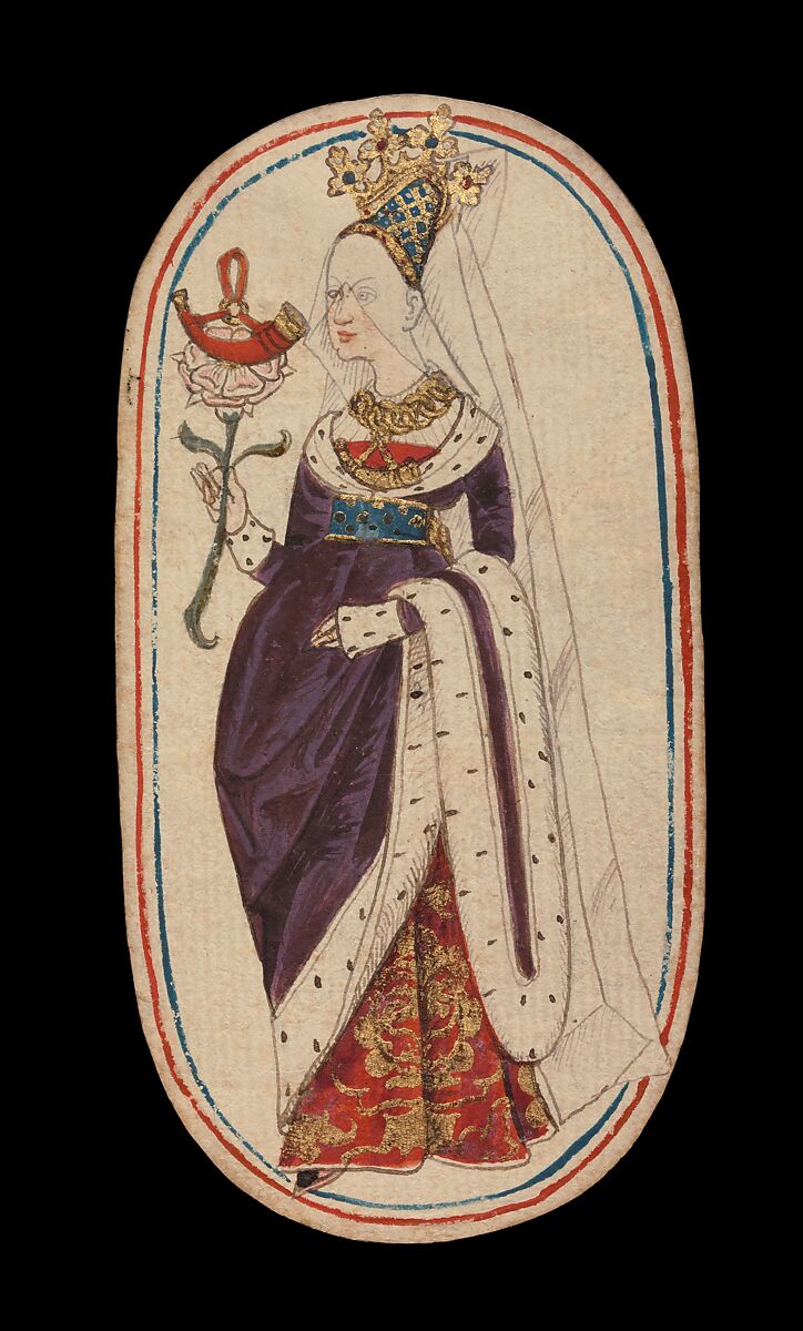 Queen of Horns, from The Cloisters Playing Cards, Paper (four layers of pasteboard) with pen and ink, opaque paint, glazes, and applied silver and gold, South Netherlandish 