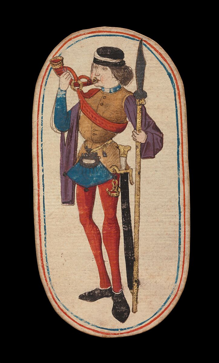 Knave of Horns, from The Cloisters Playing Cards, Paper (four layers of pasteboard) with pen and ink, opaque paint, glazes, and applied silver and gold, South Netherlandish 