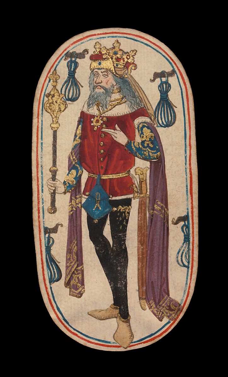 King of Tethers, from The Cloisters Playing Cards, Paper (four layers of pasteboard) with pen and ink, opaque paint, glazes, and applied silver and gold, South Netherlandish 