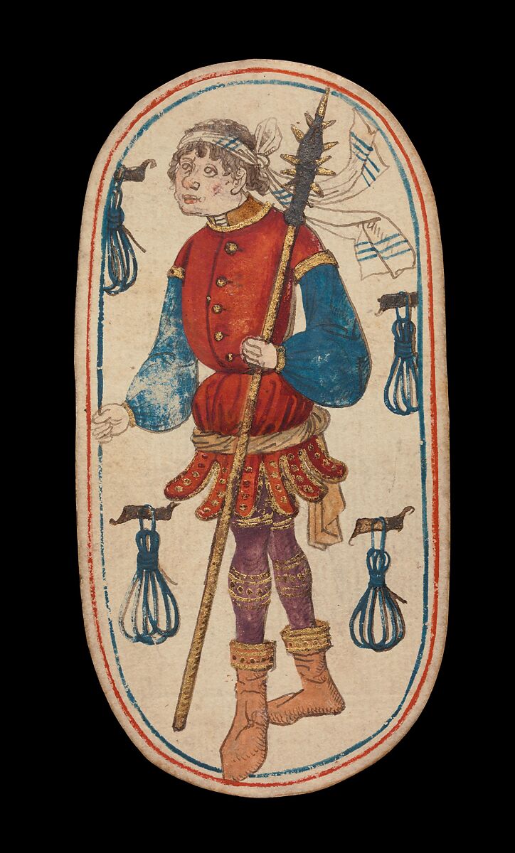 Knave of Tethers, from The Cloisters Playing Cards, Paper (four layers of pasteboard) with pen and ink, opaque paint, glazes, and applied silver and gold, South Netherlandish 