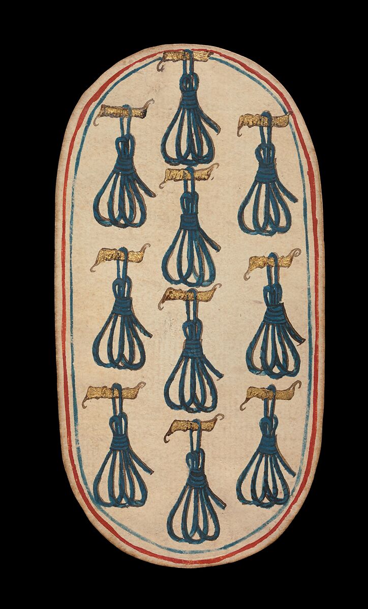 10 of Tethers, from The Cloisters Playing Cards, Paper (four layers of pasteboard) with pen and ink, opaque paint, glazes, and applied silver and gold, South Netherlandish 