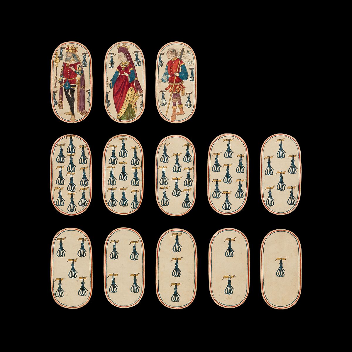 10 of Tethers, from The Cloisters Playing Cards, Paper (four layers of pasteboard) with pen and ink, opaque paint, glazes, and applied silver and gold, South Netherlandish