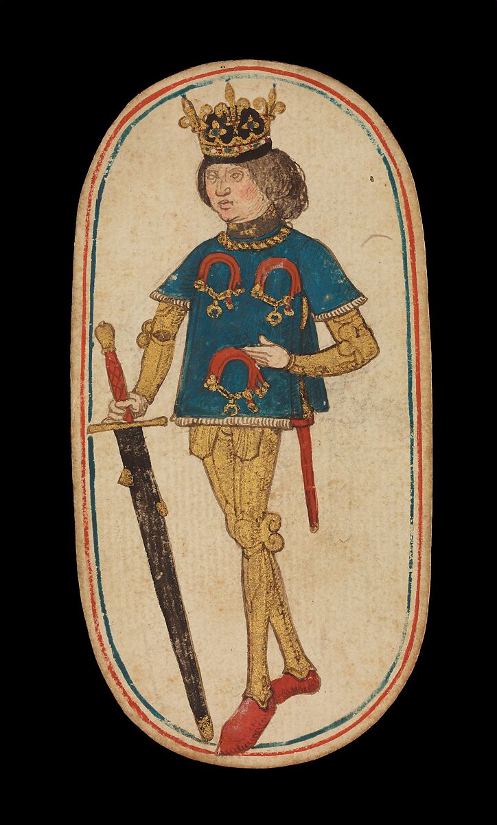 King of Collars, from The Cloisters Playing Cards, Paper (four layers of pasteboard) with pen and ink, opaque paint, glazes, and applied silver and gold, South Netherlandish 