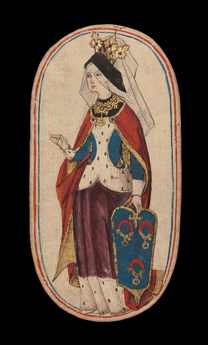 Queen of Collars, from The Cloisters Playing Cards, Paper (four layers of pasteboard) with pen and ink, opaque paint, glazes, and applied silver and gold, South Netherlandish 