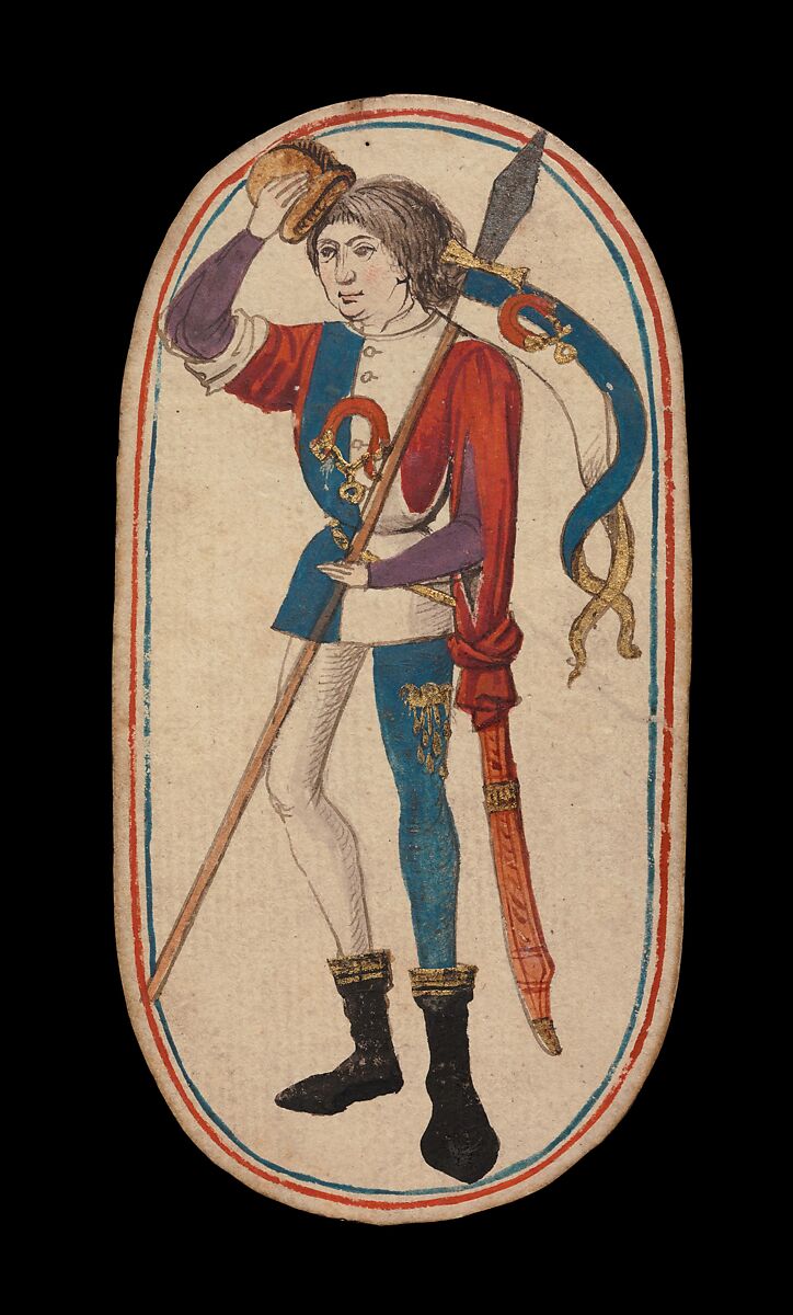 Knave of Collars, from The Cloisters Playing Cards, Paper (four layers of pasteboard) with pen and ink, opaque paint, glazes, and applied silver and gold, South Netherlandish 