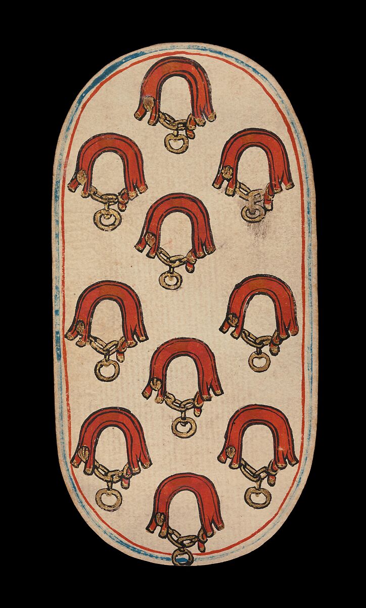 10 of Collars, from The Cloisters Playing Cards, Paper (four layers of pasteboard) with pen and ink, opaque paint, glazes, and applied silver and gold, South Netherlandish 