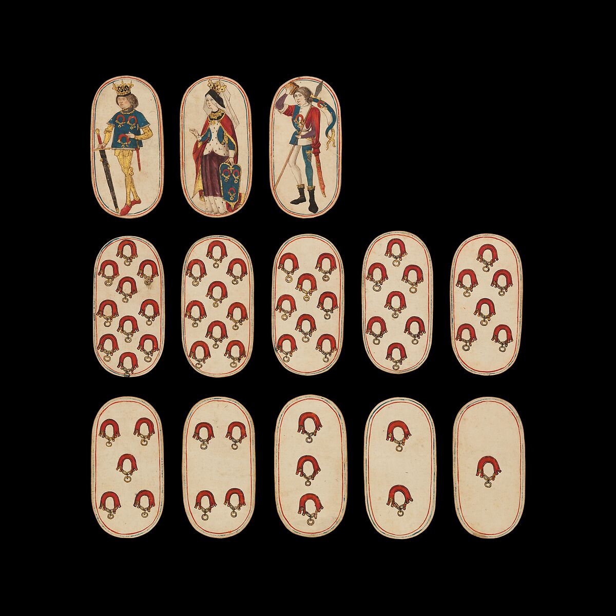 10 of Collars, from The Cloisters Playing Cards, Paper (four layers of pasteboard) with pen and ink, opaque paint, glazes, and applied silver and gold, South Netherlandish