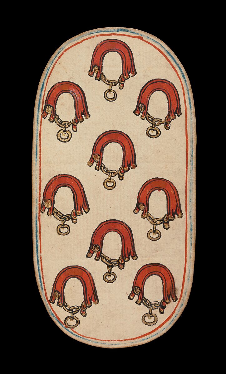 9 of Collars, from The Cloisters Playing Cards, Paper (four layers of pasteboard) with pen and ink, opaque paint, glazes, and applied silver and gold, South Netherlandish 