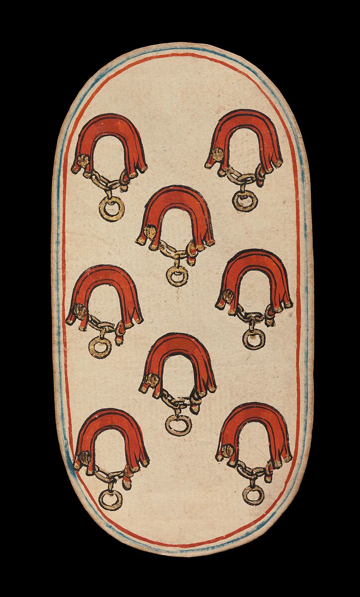 8 of Collars, from The Cloisters Playing Cards, Paper (four layers of pasteboard) with pen and ink, opaque paint, glazes, and applied silver and gold, South Netherlandish 