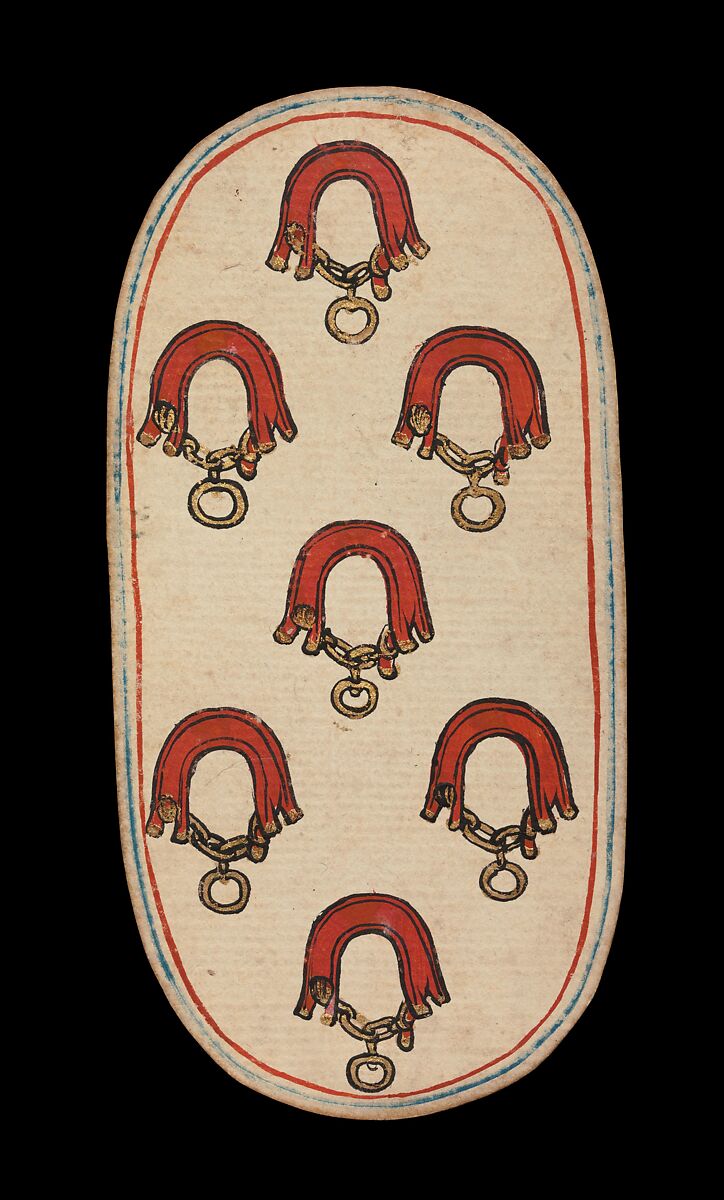 7 of Collars, from The Cloisters Playing Cards, Paper (four layers of pasteboard) with pen and ink, opaque paint, glazes, and applied silver and gold, South Netherlandish 