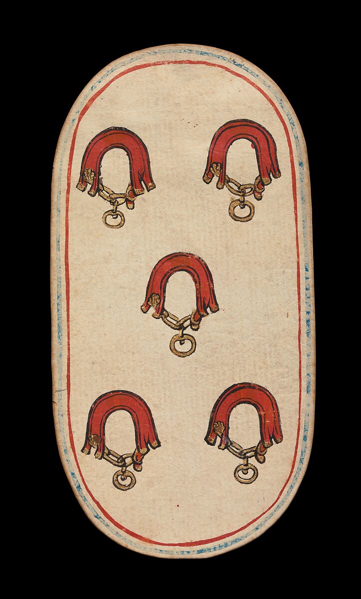 5 of Collars, from The Cloisters Playing Cards, Paper (four layers of pasteboard) with pen and ink, opaque paint, glazes, and applied silver and gold, South Netherlandish 