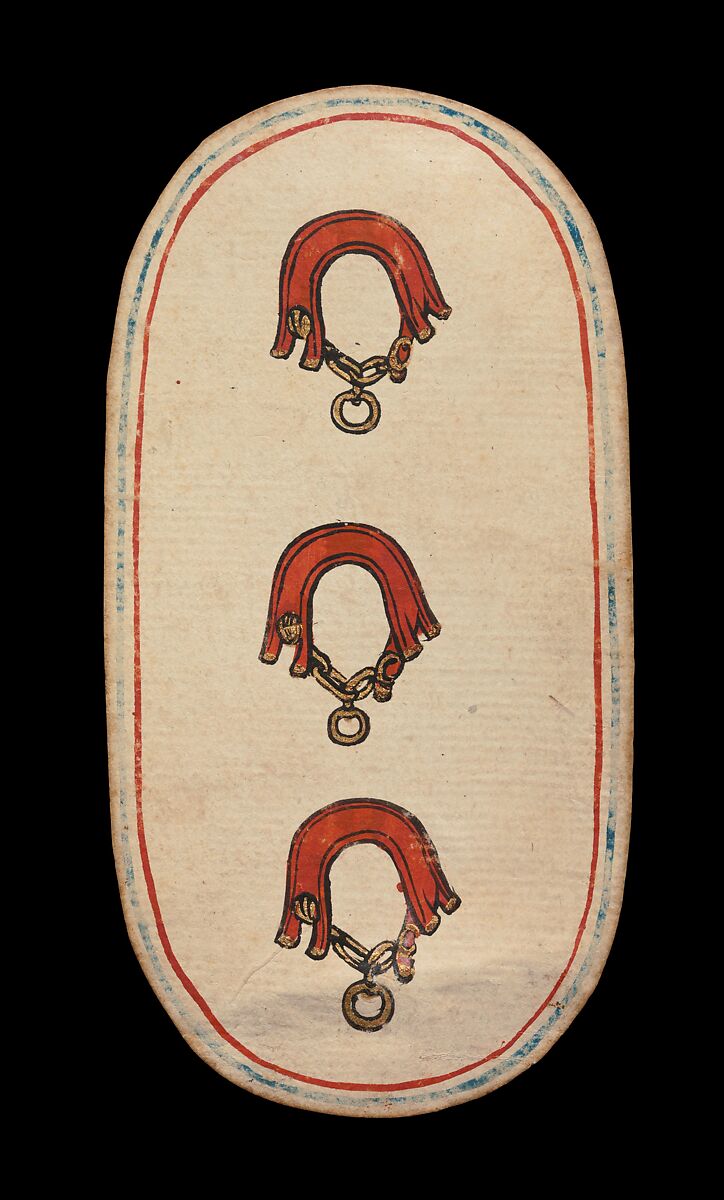 3 of Collars, from The Cloisters Playing Cards, Paper (four layers of pasteboard) with pen and ink, opaque paint, glazes, and applied silver and gold, South Netherlandish 