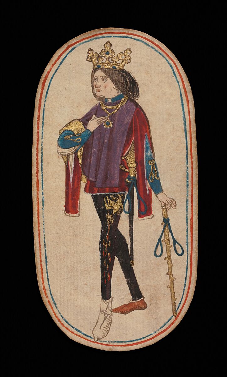 King of Nooses, from The Cloisters Playing Cards, Paper (four layers of pasteboard) with pen and ink, opaque paint, glazes, and applied silver and gold, South Netherlandish 