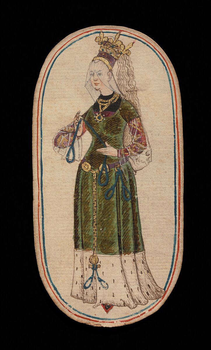 Queen of Nooses, from The Cloisters Playing Cards, Paper (four layers of pasteboard) with pen and ink, opaque paint, glazes, and applied silver and gold, South Netherlandish 