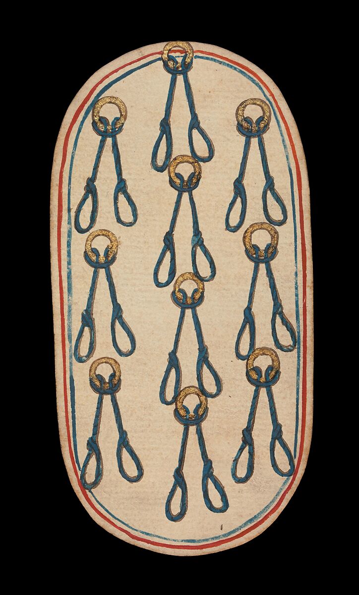 10 of Nooses, from The Cloisters Playing Cards, Paper (four layers of pasteboard) with pen and ink, opaque paint, glazes, and applied silver and gold, South Netherlandish 