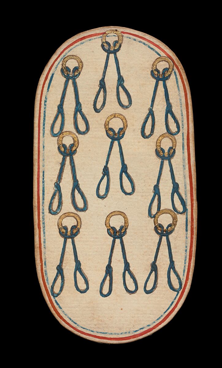 9 of Nooses, from The Cloisters Playing Cards, Paper (four layers of pasteboard) with pen and ink, opaque paint, glazes, and applied silver and gold, South Netherlandish 