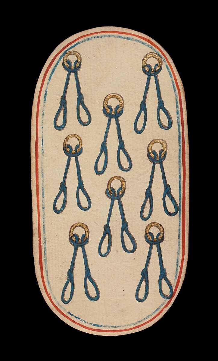 8 of Nooses, from The Cloisters Playing Cards, Paper (four layers of pasteboard) with pen and ink, opaque paint, glazes, and applied silver and gold, South Netherlandish 