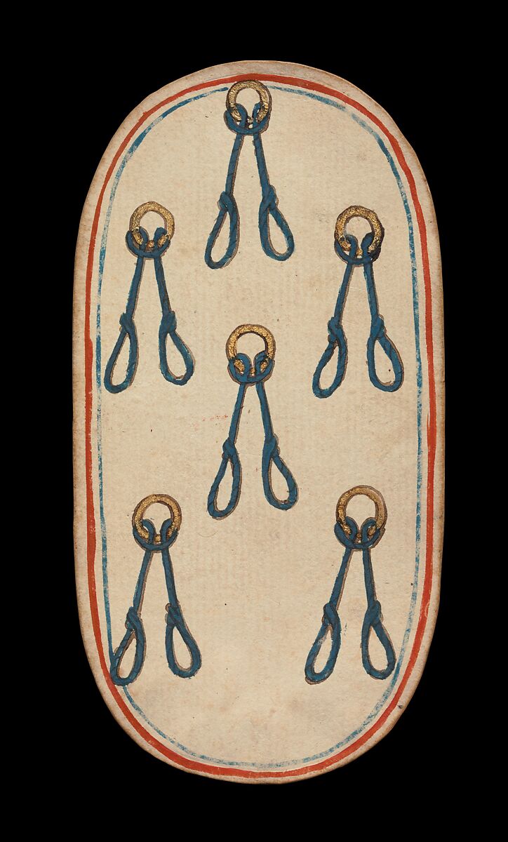 6 of Nooses, from The Cloisters Playing Cards, Paper (four layers of pasteboard) with pen and ink, opaque paint, glazes, and applied silver and gold, South Netherlandish 