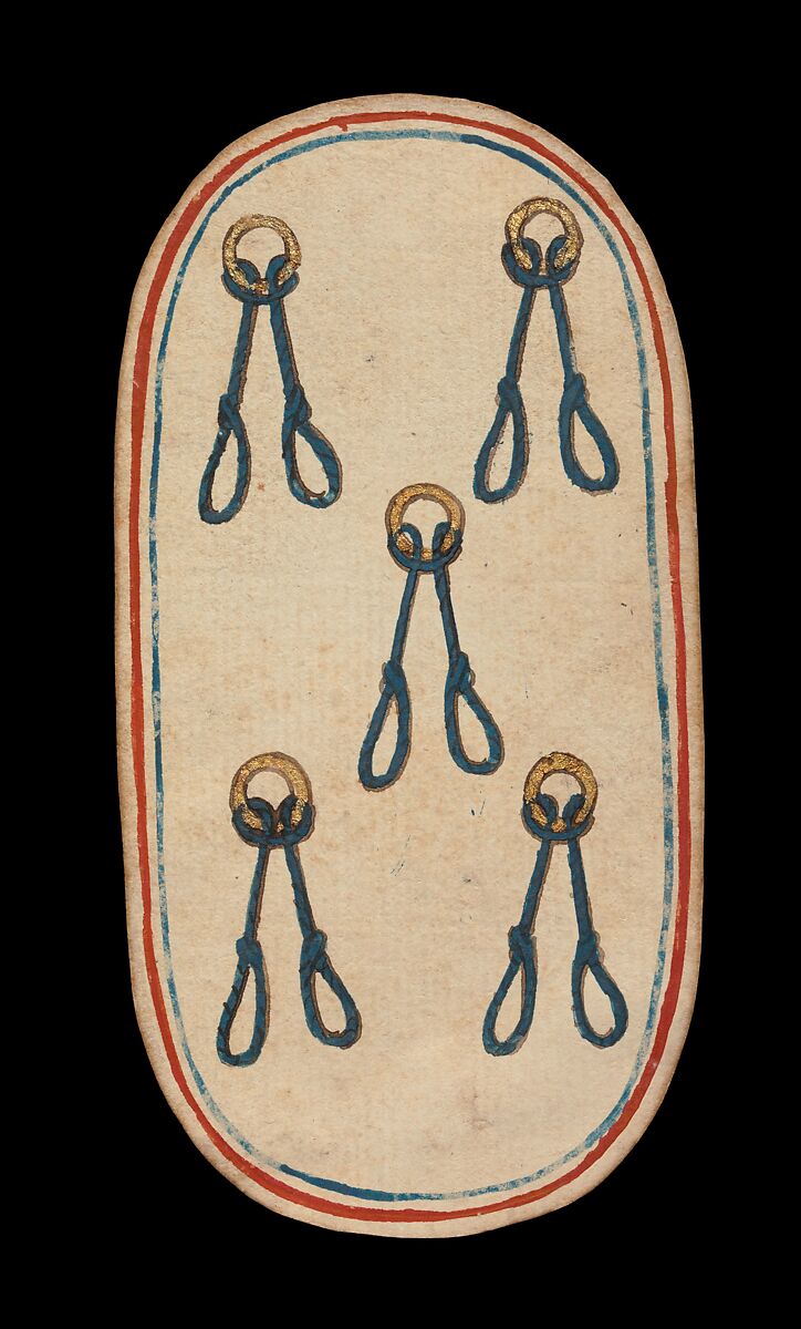 5 of Nooses, from The Cloisters Playing Cards, Paper (four layers of pasteboard) with pen and ink, opaque paint, glazes, and applied silver and gold, South Netherlandish 