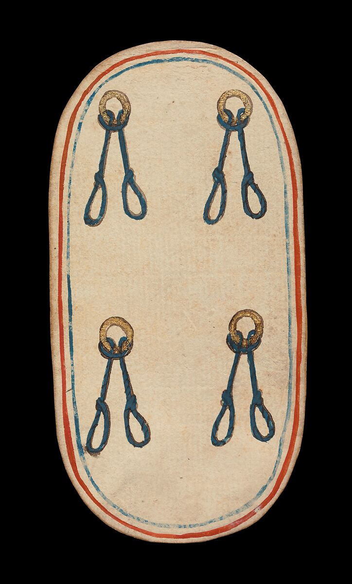 4 of Nooses, from The Cloisters Playing Cards, Paper (four layers of pasteboard) with pen and ink, opaque paint, glazes, and applied silver and gold, South Netherlandish 