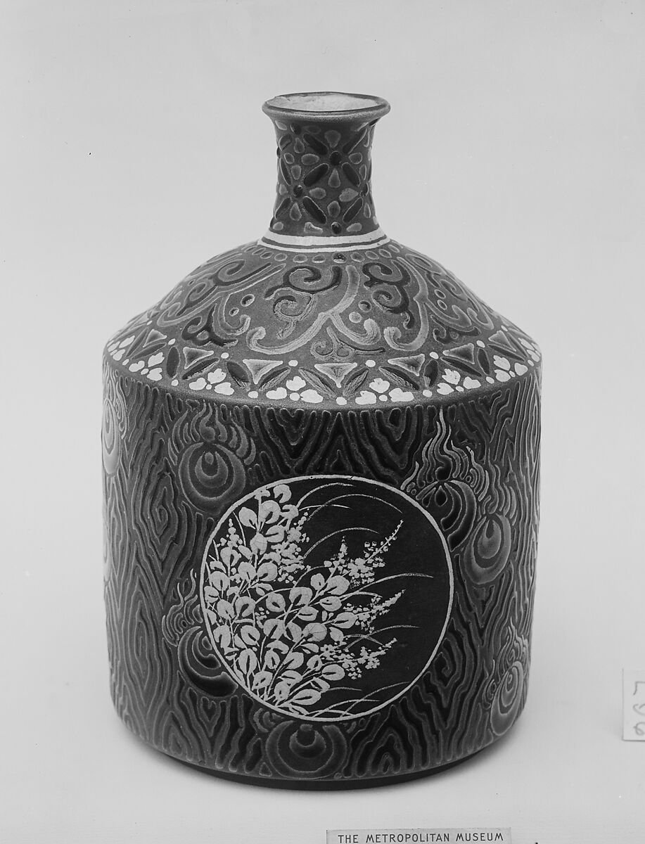 Wine Bottle, Hozan, Clay, outside blackened and decorated with colored enamels which do not touch (Kyoto ware), Japan 
