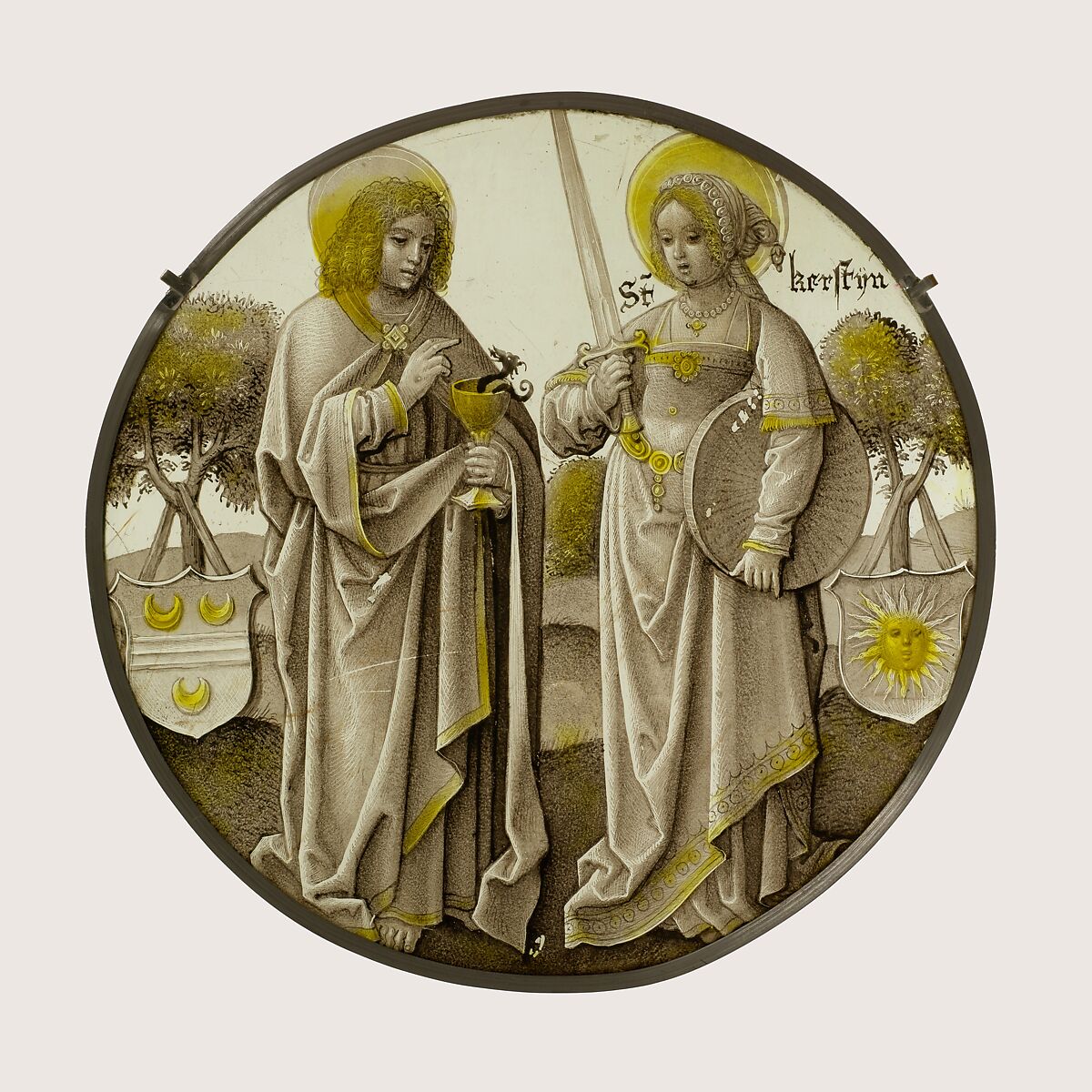 Heraldic Roundel with Saints John the Evangelist and Christina, colorless glass, silver stain, and vitreous paint, South Netherlandish